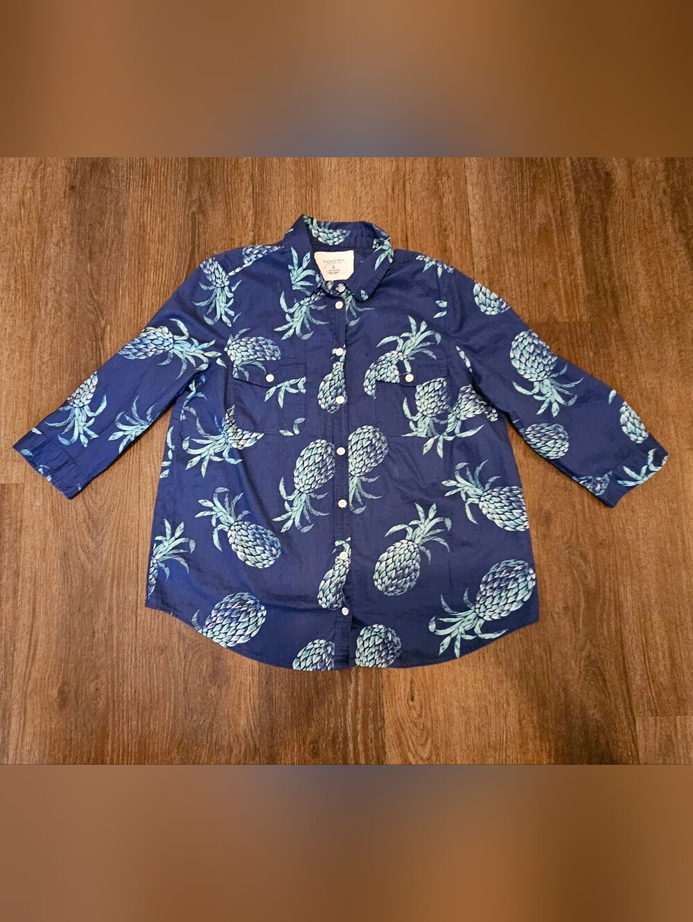 Sonoma Navy Pineapple-Print Button Down Shirt Women's Size Large